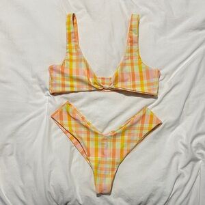 Skatie Plaid Yellow & Peach Bikini Set
Penny top - small 
Mandi bottom - small